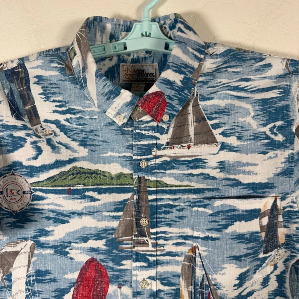 Reyn Spooner Shirt Mens Medium Blue Transpacific Yacht Race Hawaiian Camp